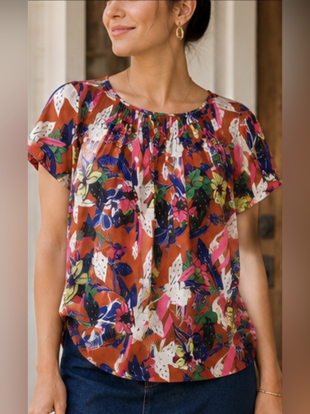 Dolan Rust Floral Scoop Neck Women's Top S
